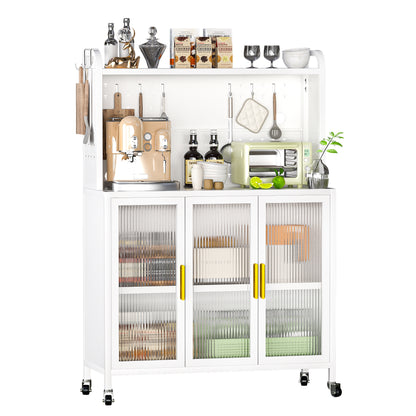 Carbon steel Kitchen Storage Cabinets, Microwave Stand, Bakers Racks for Kitchens with Storage, Microwave cart, Transparent Flap Door Design Kitchen Storage Shelves Free screws  - 4 Tiers White