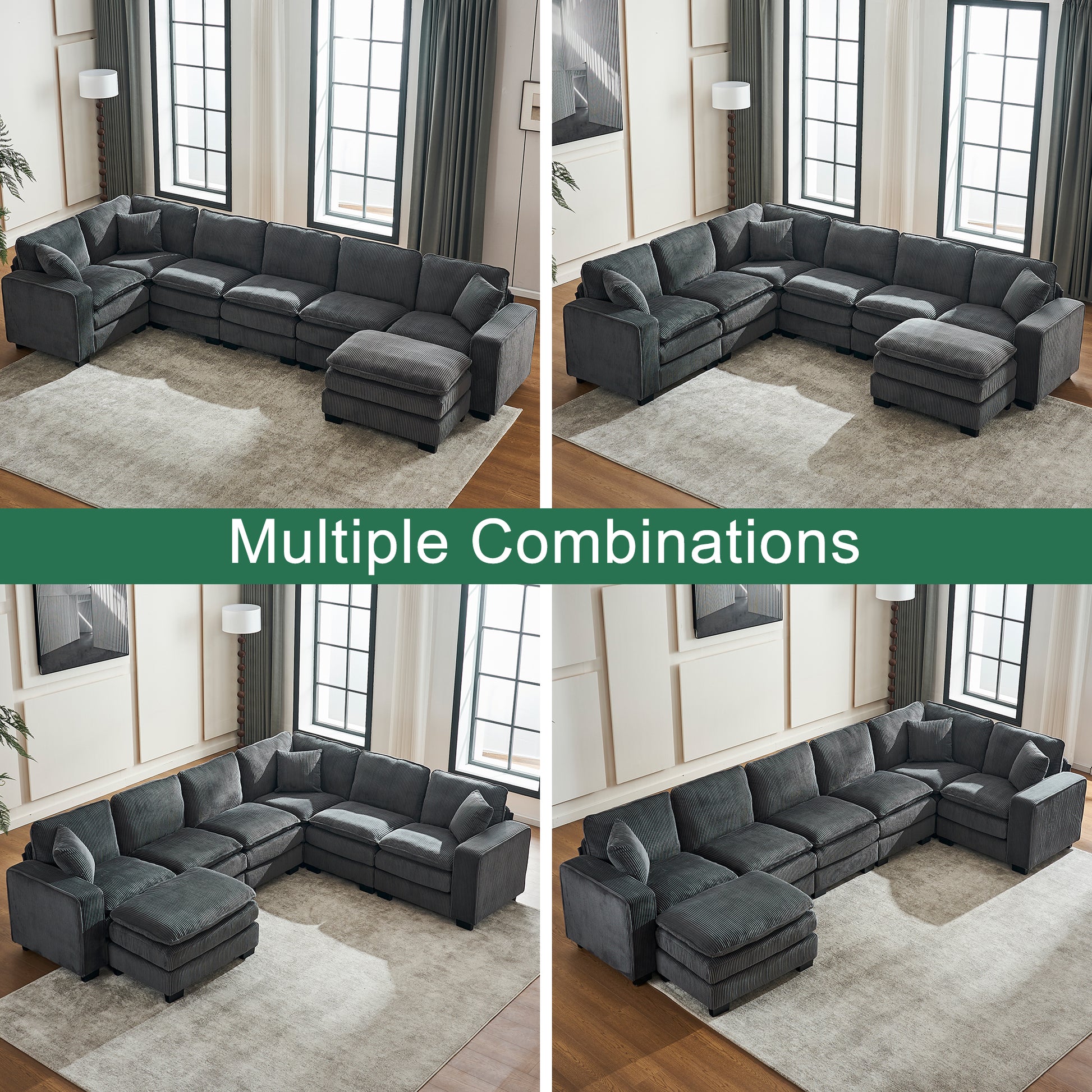 Modern U Shaped 6-seat Sectional Sofa Couch with one Ottoman and three toss pillows ,Modular Sofa for Living Room,Corduroy sofa