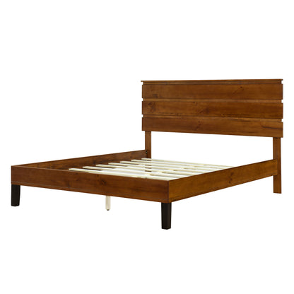 Mid-Century Modern Solid Wood Bed Frame Queen Size Platform Bed with Three-Piece Headboard Design, No Box Spring Needed, Brown