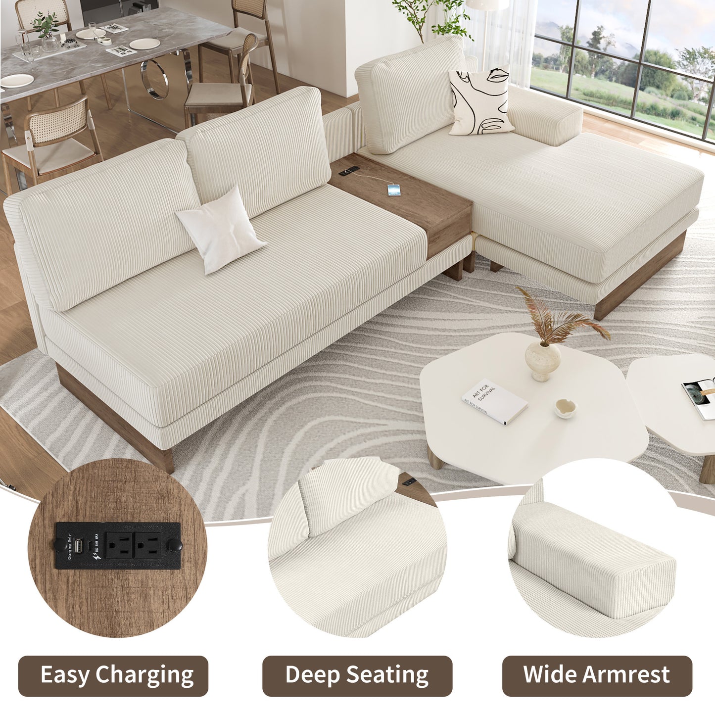 114" L-shaped Sofa Sectional Sofa with Two USB Ports and Two Power Sockets, a Storage Drawer and a Reversible Chaise Lounge for Living Room, Beige