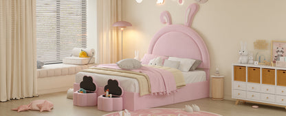 Full size Upholstered Rabbit-Shape Bed with 2 Storage Stools, Velvet Platform Bed with Cartoon Ears Shaped Headboard, Pink