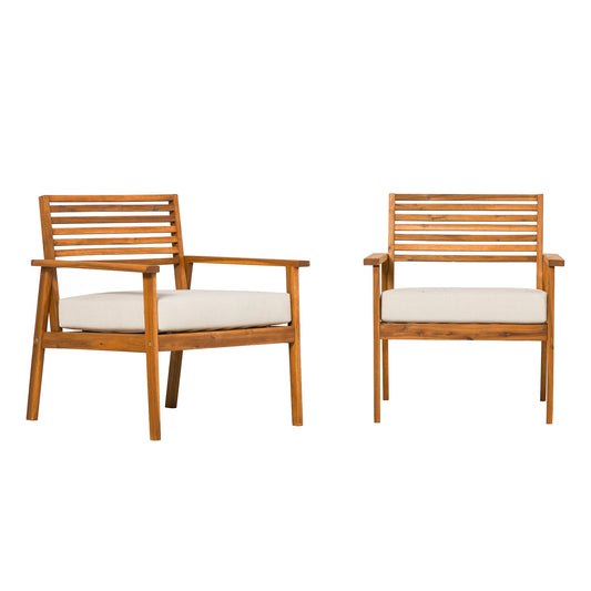 Modern 2-Piece Slat-Back Solid Acacia Wood Patio Club Chair Set – Brown