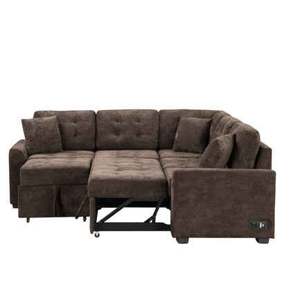 82.6" L-shape Sofa Bed Pull-out Sleeper Sofa with Wheels, USB Ports, Power Sockets for Living Room, Brown