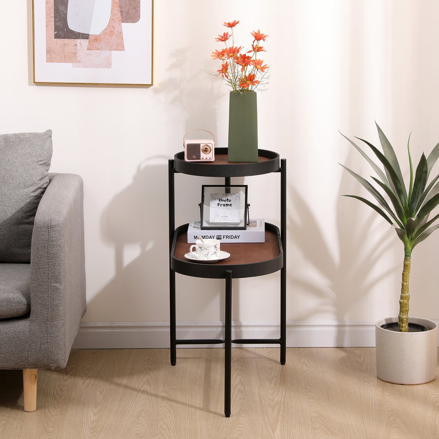 Modern 2-Tier Brown Side Table for Living Room Black Metal Frame with Wood & PU Tray End Tables for Sofa