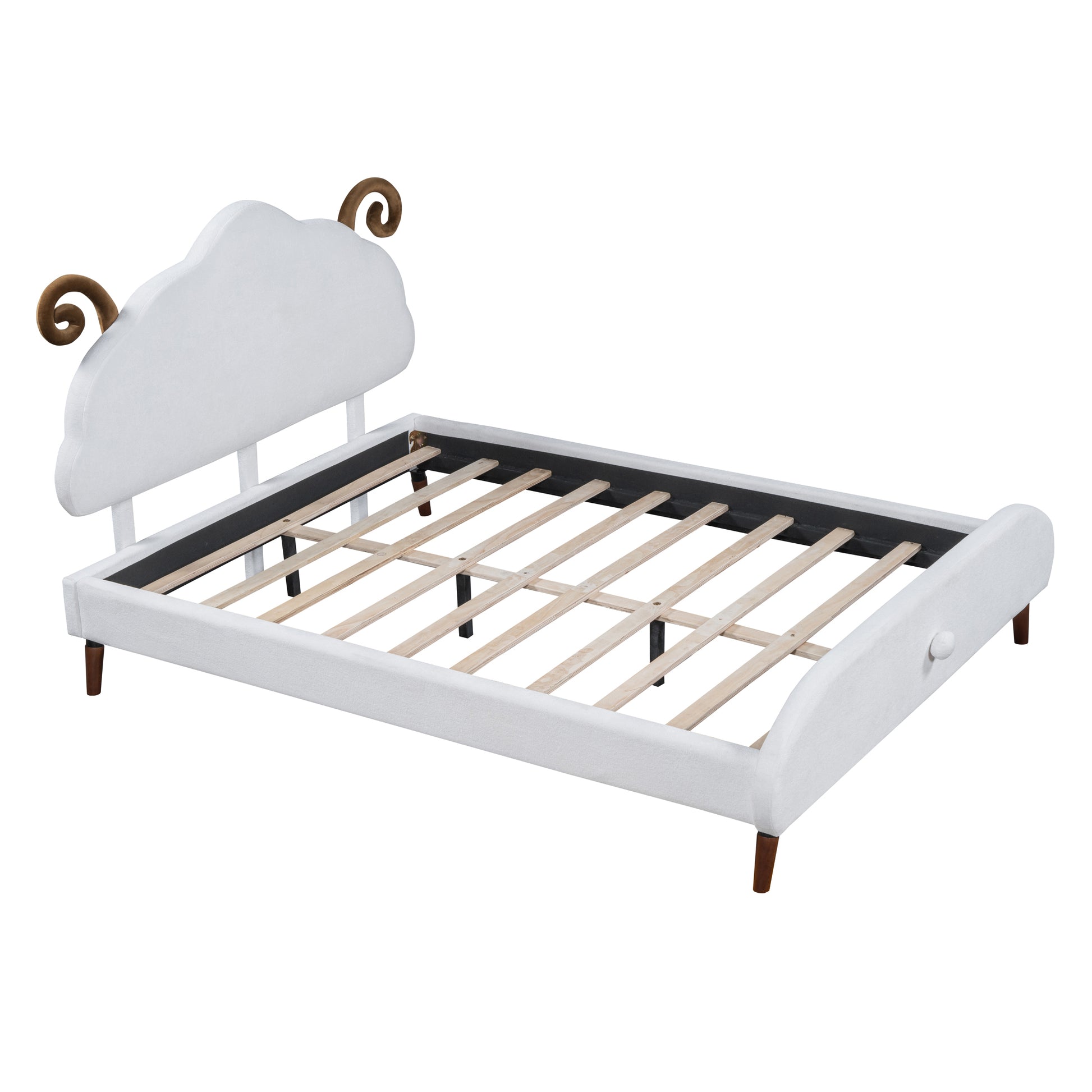 Full Size Upholstered Platform Bed with Sheep-Shaped Headboard, White