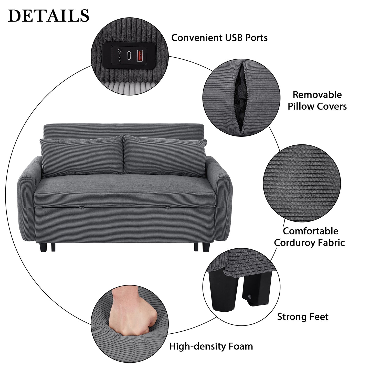 57.48" Pull-out Sofa Bed Convertible Couch 2 Seat Loveseat Sofa Modern Sleeper Sofa with Two Throw Pillows and USB Ports for Living Room, Dark Grey