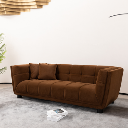 WKS13 Mid-century modern style: camel sofa simple, small square design, velvet fabric texture smooth, retro fashion, solid wood feet, 2 people design