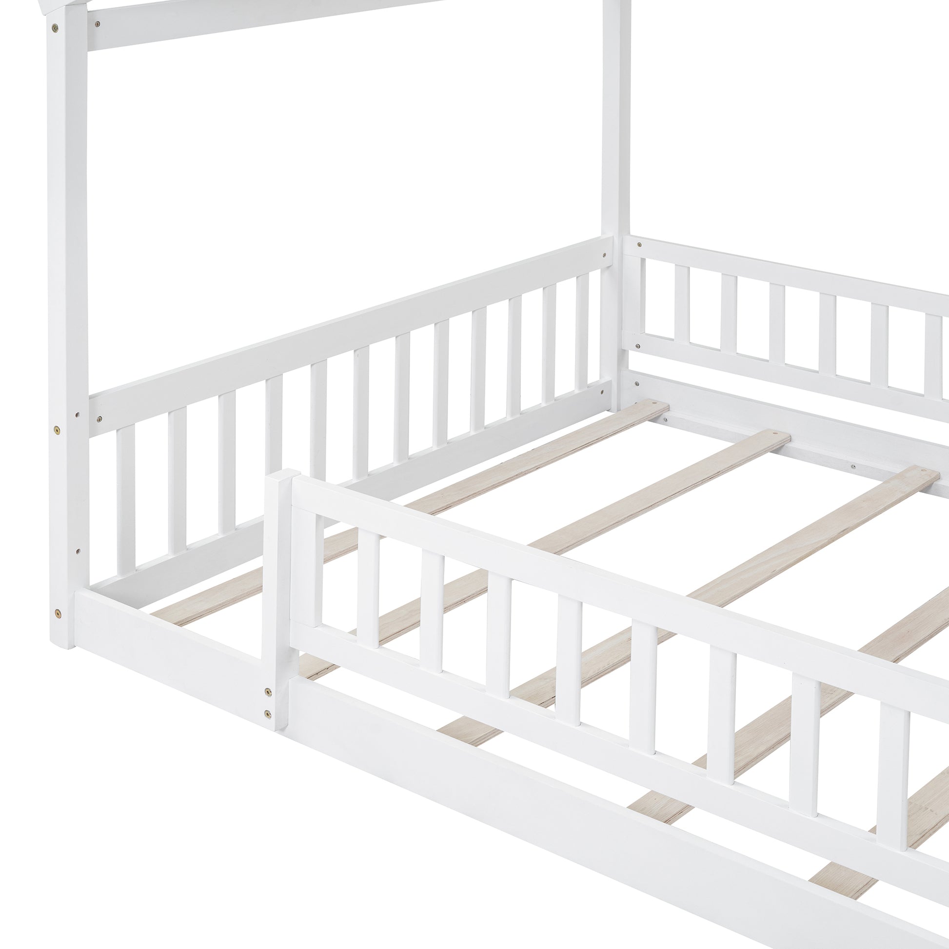 Full Size Wood Bed House Bed Frame with Fence, for Kids, Teens, Girls, Boys,White