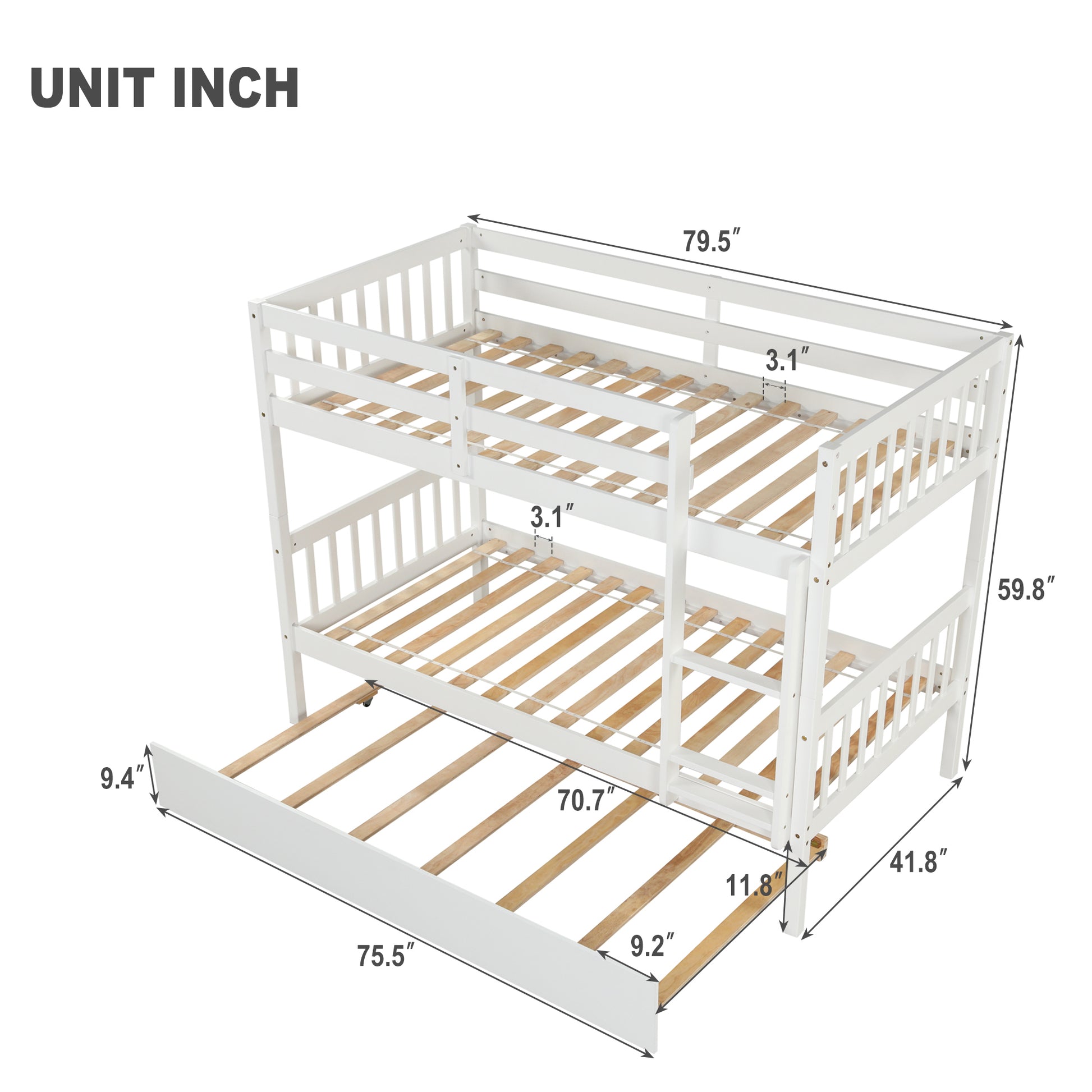 Twin Over Twin Bunk Beds with Trundle, Solid Wood Trundle Bed Frame with Safety Rail and Ladder, Kids/Teens Bedroom, Guest Room Furniture, Can Be converted into 2 Beds, White (Old Sku:W504S00028)