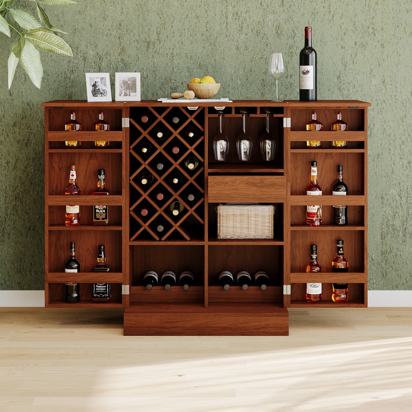 41.9" Home Bar Cabinet, Industrial Walnut Rattan Door Fold Out Bar Cabinet with Storage Bar Table