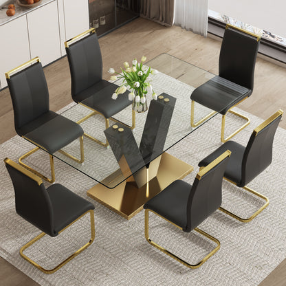 Table and chair set.Subtle Luxury Clear Tempered Glass Dining Set - 71"x35.4" with 6 Black PU Chairs.C-tube Gold Metal Chair Legs.Bring a comfortable home experience to the kitchen, bedroom.