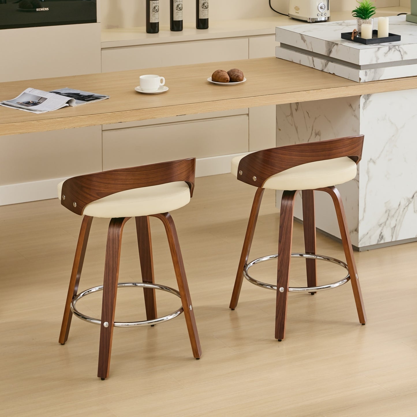 Bar Stools Set of 2, Swivel Bar Height Stools with Low Back, Wood Bar Chairs with Soft Cushion Seat, 25-Inch Seat Height (Beige, 25" Counter Height)