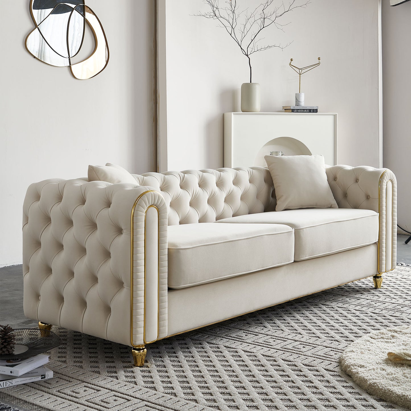 86'' W Luxury Modern Tufted Sofa  with 2pcs of toss pillows for Living Room ,Bedroom,Beige Color