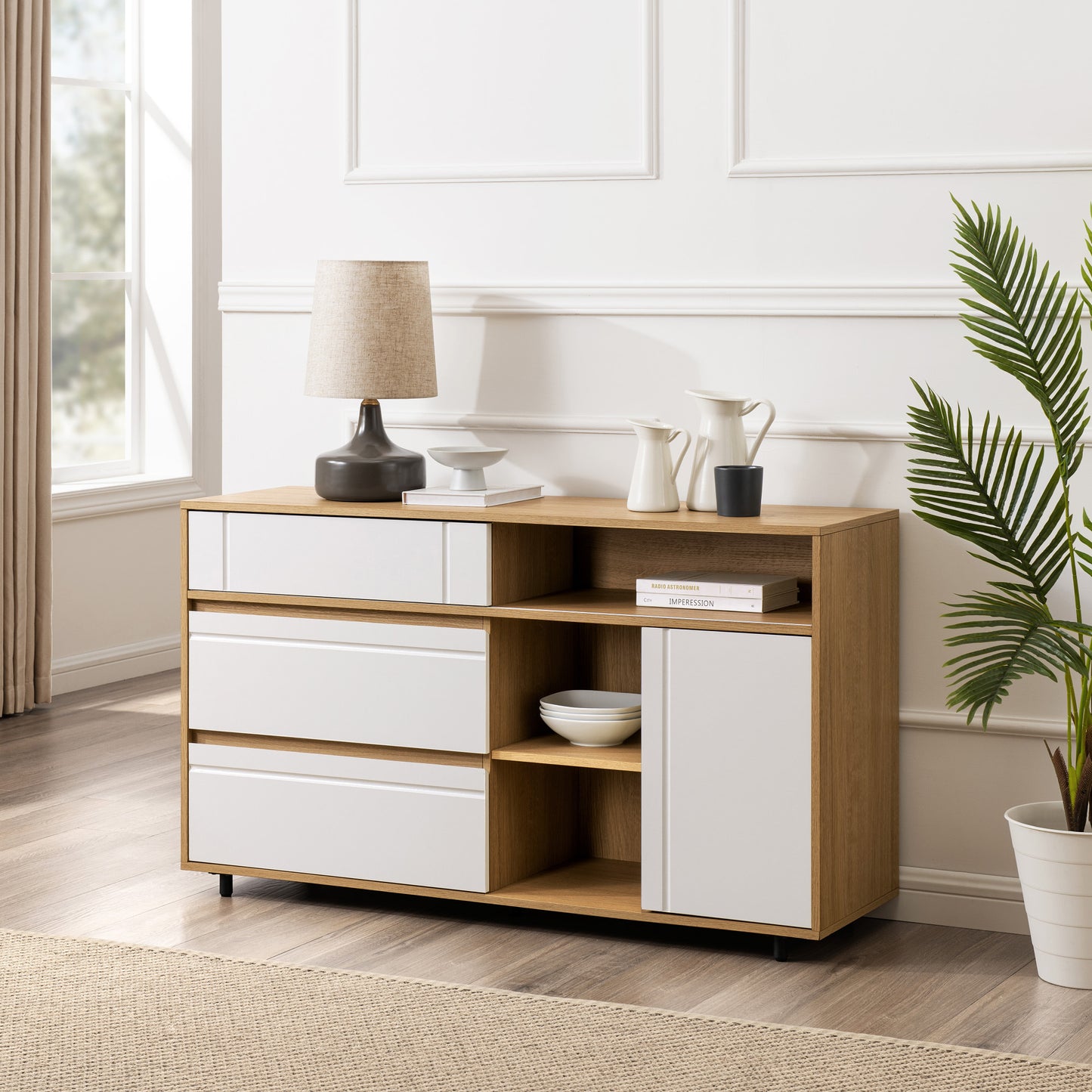 Contemporary Detailed-Door Sideboard with Open Storage – Coastal Oak / Solid White