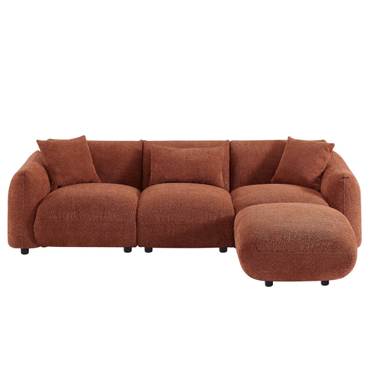 Mid Century Modern Couch 3-Seater Sofa with Ottoman Soft Padded Seat  Upholstered Footrest Stool Ottoman Foot Stool for Living Room, Bedroom. Orange