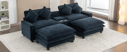 112.6" Sectional Sofa Chenille Upholstered Sofa with Two Removable Ottoman, Two USB Ports, Two Cup Holders and Large Storage Box for Living Room, Blue