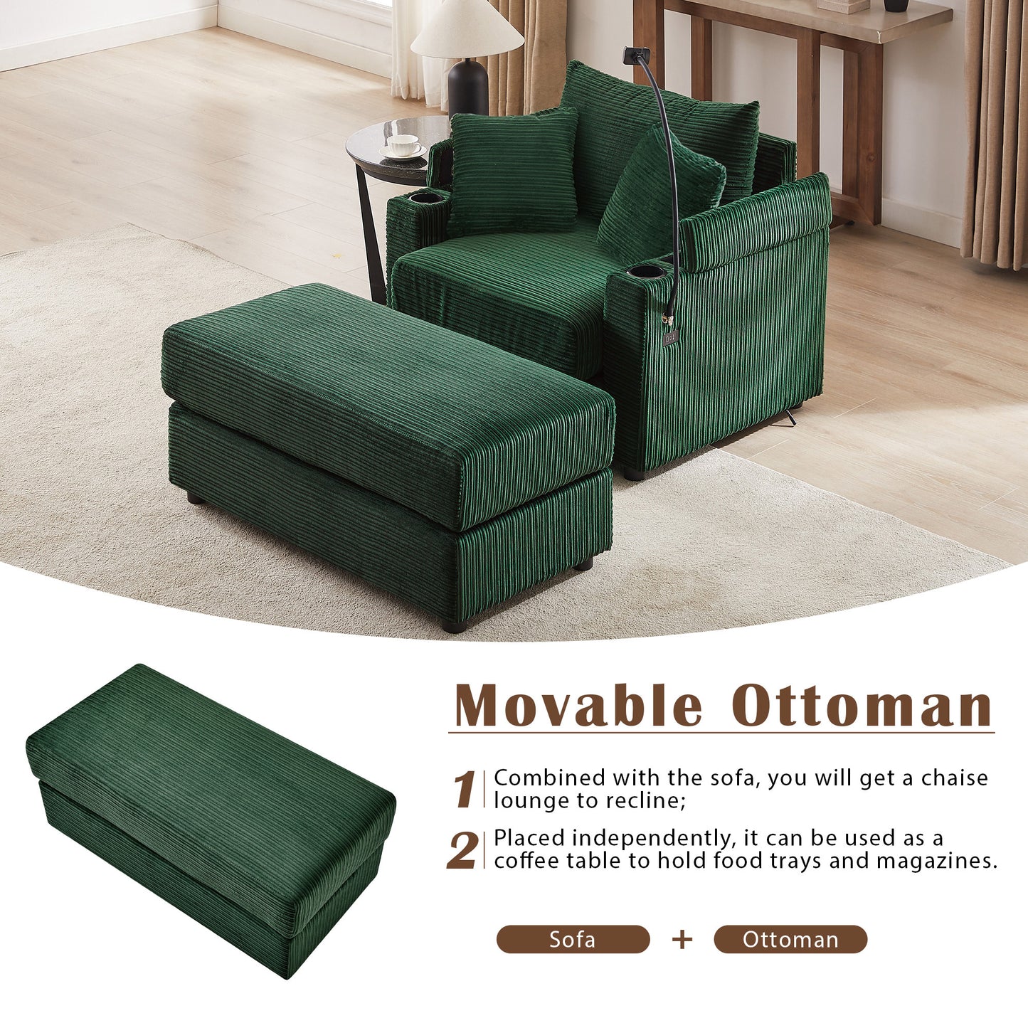 41.7" Modern Style Single Sofa Sofa Couch with Storage Space, A Movable Ottoman, Two USB Ports, Two Cup Holders, A Phone Holder for Living Room, Green