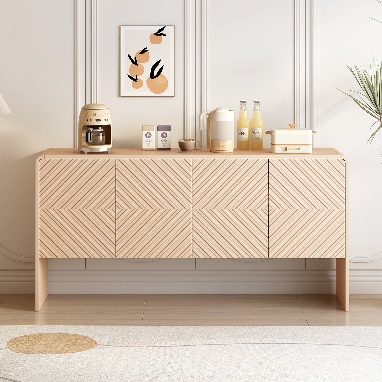 TREXM Minimalist Style 60"L Large Storage Space Sideboard Cabinet with 4 Doors and Rebound Device for Living Room and Entryway (Apricot Cream)