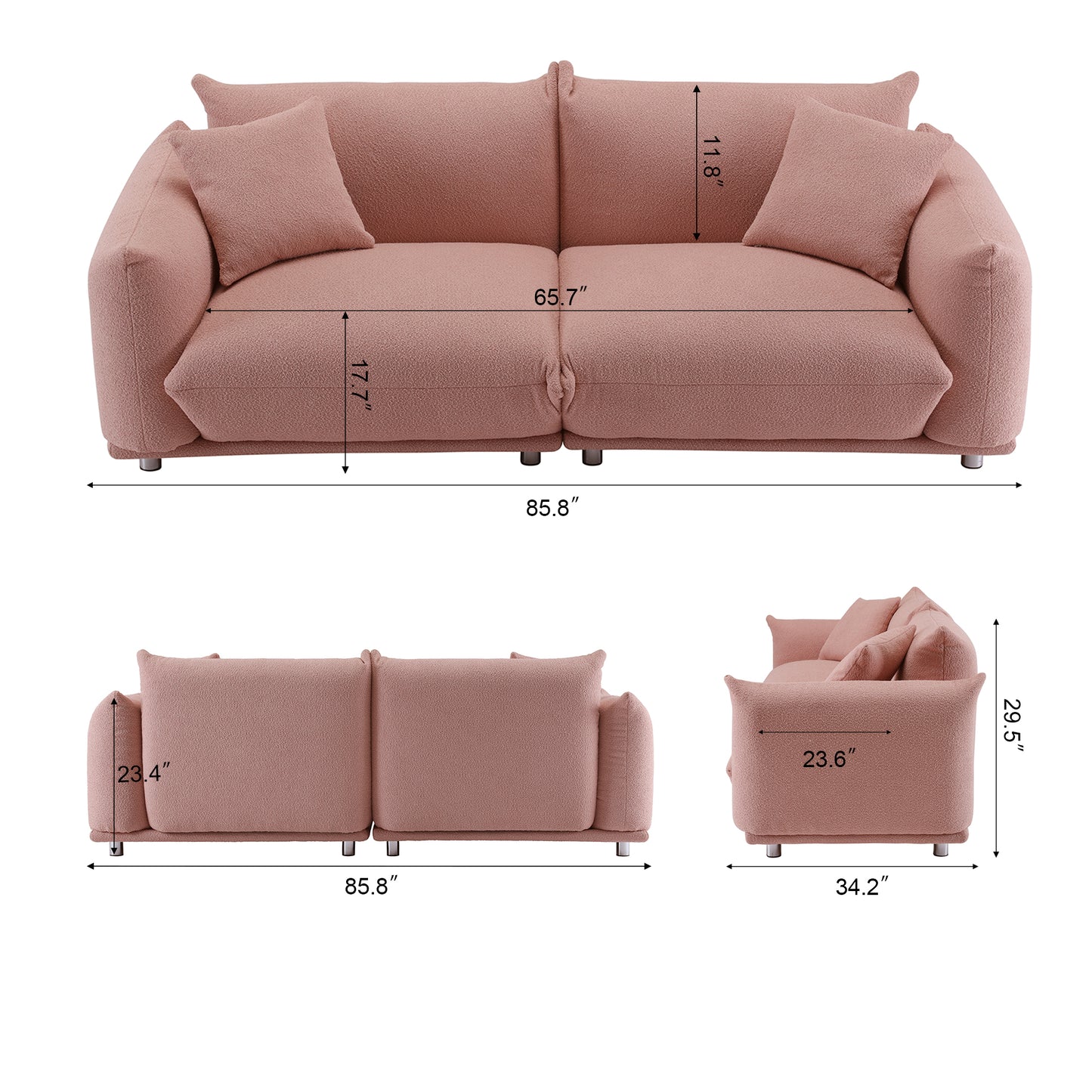 Oversized Loveseat Sofa for Living Room, Sherpa Sofa with Metal Legs, 3 Seater Sofa, Solid Wood Frame Couch with 2 Pillows, for Apartment Office Living Room - PINK