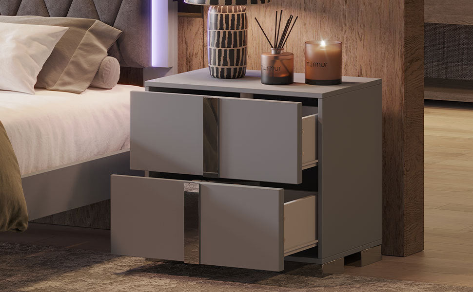 Elegant Nightstand with Metal Handle,Mirrored Bedside Table with 2 Drawers for Bedroom,Living Room,Grey