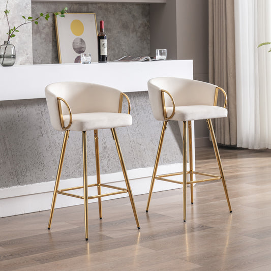 26 Inch Set of 2 Bar Stools,with Chrome Footrest and Base Velvet + Golden Leg Simple Bar Stoo,CREAM