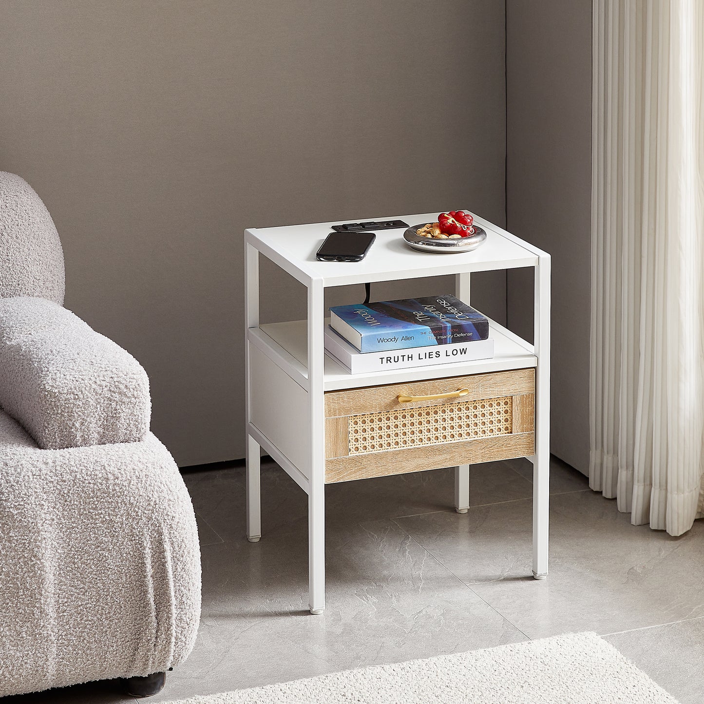 15.75" Rattan End table with Power Outlet  & USB Ports , Modern nightstand with drawer and metal legs, side table for living room, bedroom,white(1 PC)