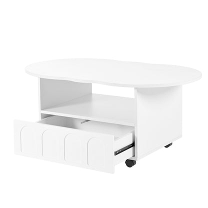 ON-TREND Flexible Cream Style Coffee Table with 2 Brake Wheels, Cloud Top Side Table with Drawer, Irregular Center Table with Large Storage for Living Room, White, 39.37''x 23.6''