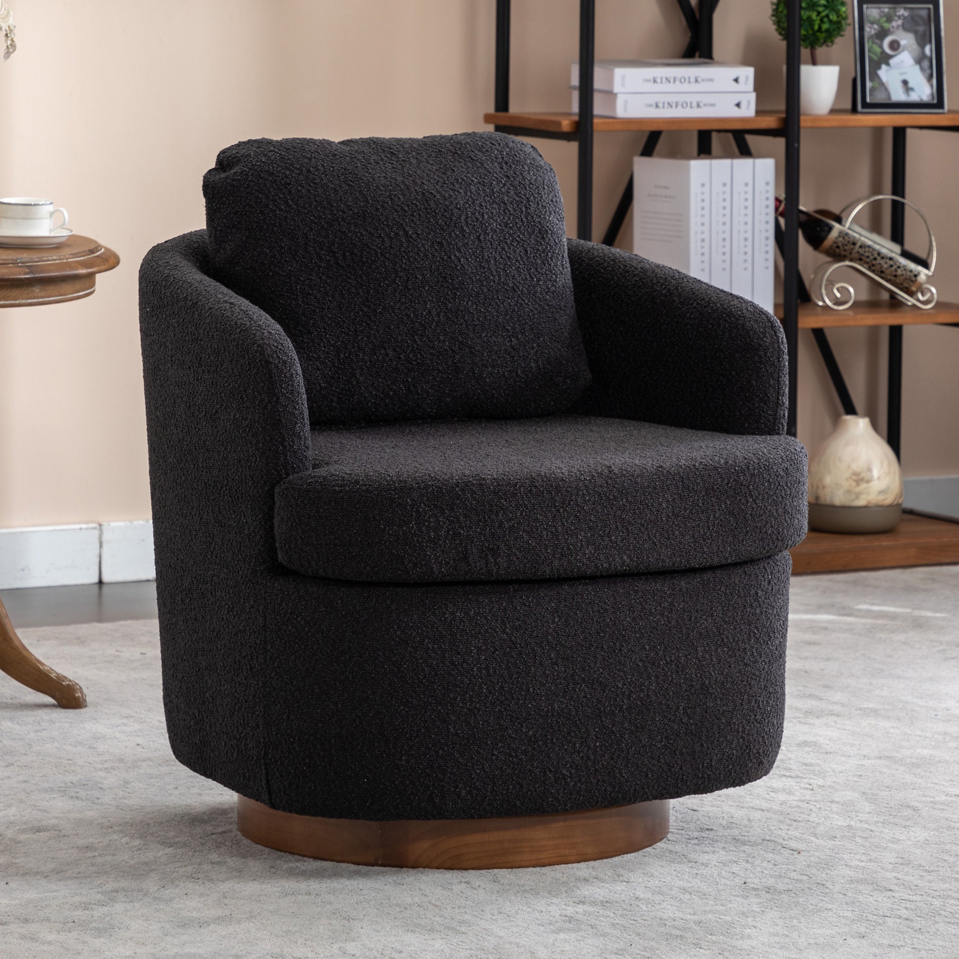 035-Boucle Fabric Swivel Accent Chair With Soild Wood Round Brown Base Leg,Black