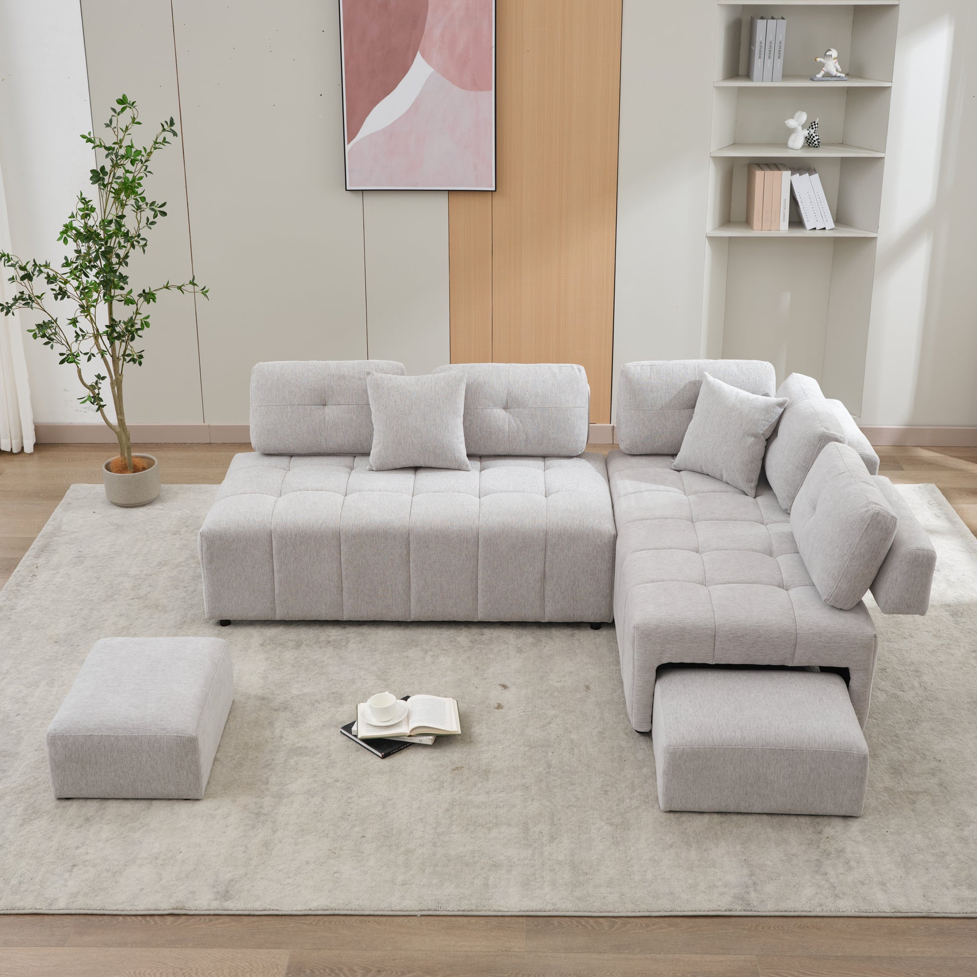 91.73" L-shaped Sofa Sectional Sofa Couch with 2 Stools and 2 Lumbar Pillows for Living Room, Light Grey