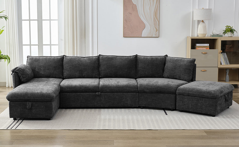 146.9" L-shaped Sofa Sectional Sofa Couch Pull-out Sofa Bed with a Movable Storage Ottoman, a Storage Chaise Lounge and Two USB Ports for Living Room, Grey