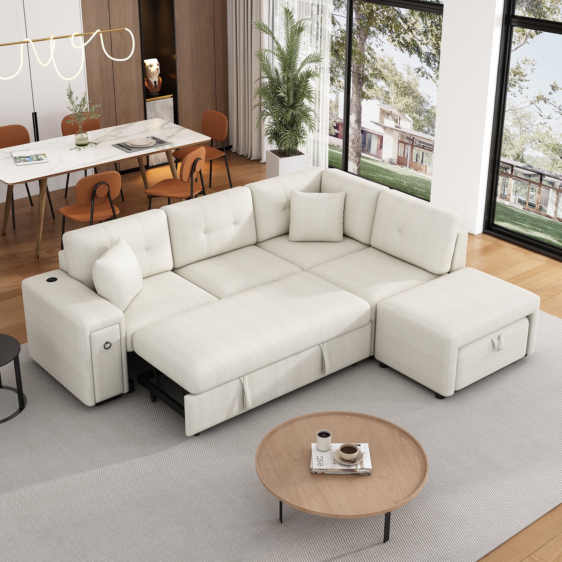 86.6" Sectional Sofa L-shaped Sofa Couch Pull-out Sofa Bed with a Movable Ottoman, Two USB Ports  and Two Cup Holders for Living Room, Beige