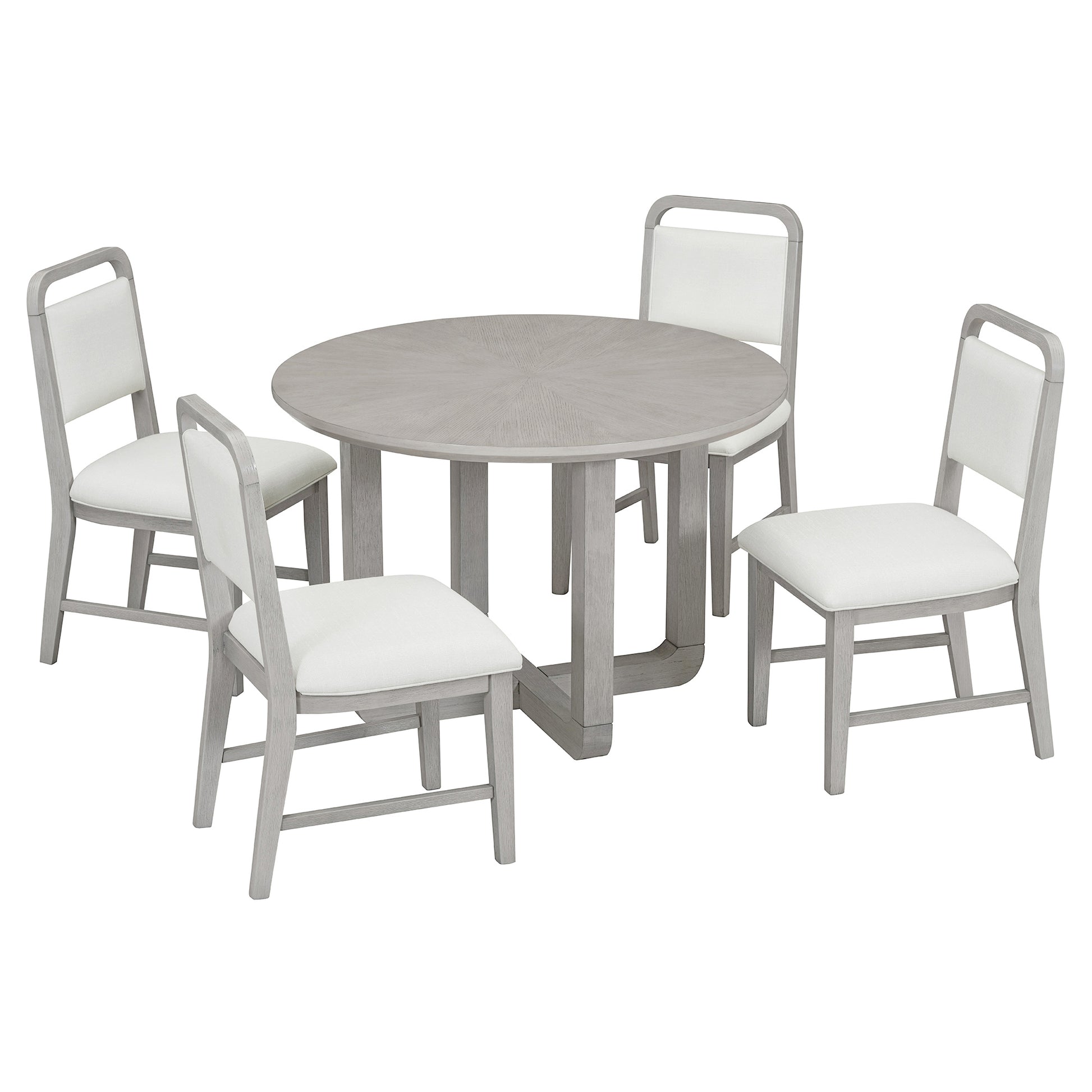 TREXM 5-Piece Retro Dining Set, Round Table Top with Radial Wood Grain Design and 4 Upholstered Chairs for Dining Room and Kitchen (Antique Gray)