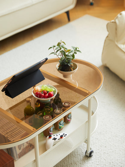 Movable oval metal glass coffee table with storage