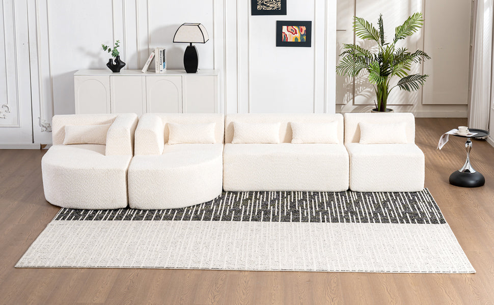 143.7" Upholstered Sofa Free-combined Sofa Couch with Two Chaise Lounge and Five Back Pillows for Living Room, Beige