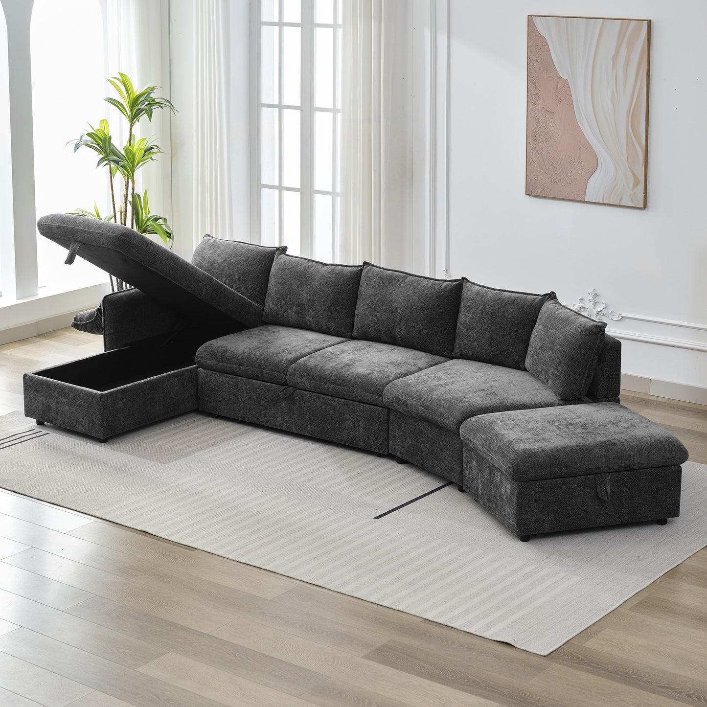 146.9" L-shaped Sofa Sectional Sofa Couch Pull-out Sofa Bed with a Movable Storage Ottoman, a Storage Chaise Lounge and Two USB Ports for Living Room, Grey