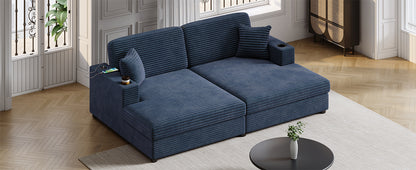 86.5" Oversized Loveseat Chaise Lounge Sectional Sofa Bed Corduroy Sleeper Sofa with Two USB Ports , Two Cup Holders and Two Throw Pillows for Living Room and Bedroom, Blue