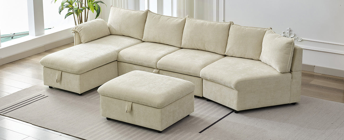 146.9" L-shaped Sofa Sectional Sofa Couch Pull-out Sofa Bed with a Movable Storage Ottoman, a Storage Chaise Lounge and Two USB Ports for Living Room, Beige