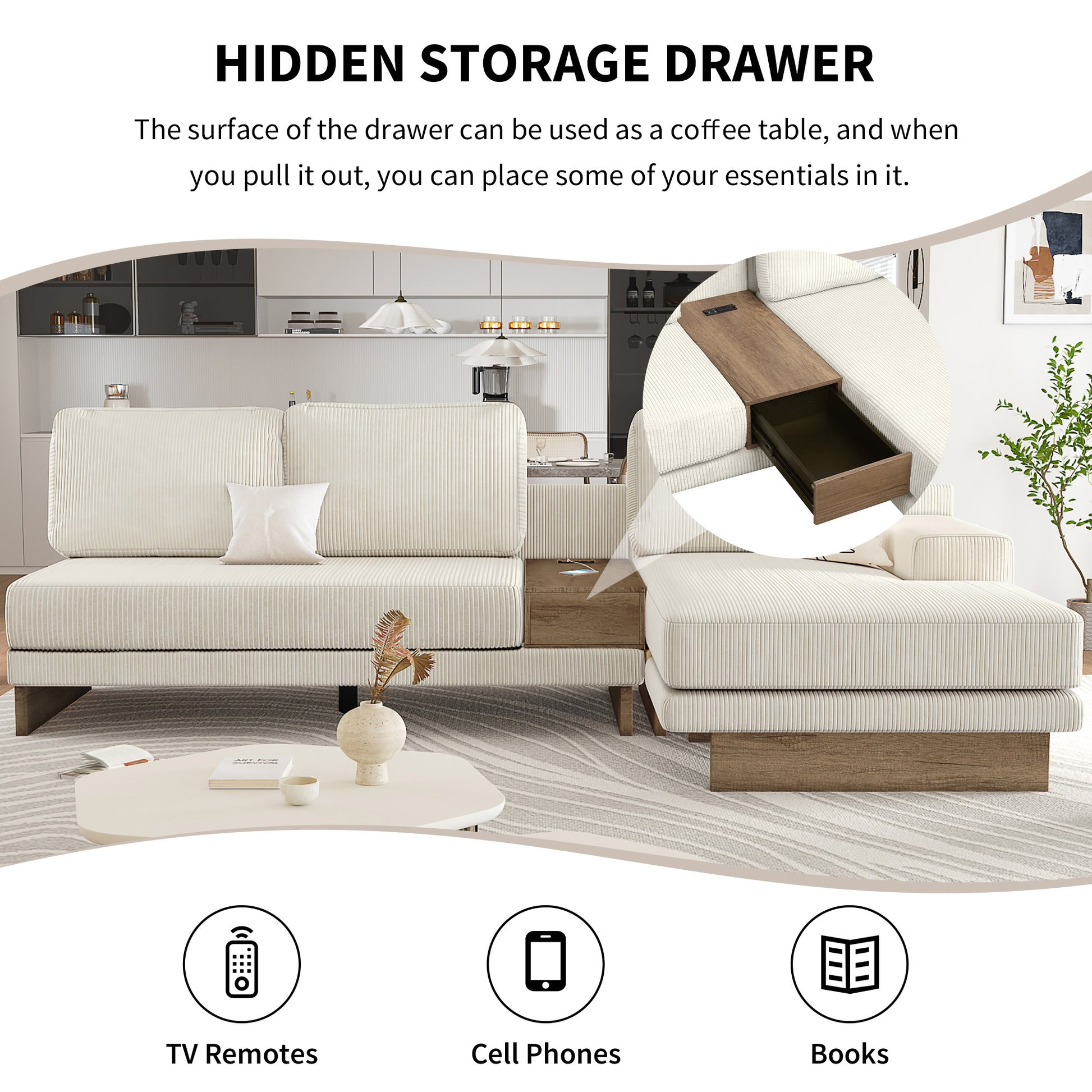 114" L-shaped Sofa Sectional Sofa with Two USB Ports and Two Power Sockets, a Storage Drawer and a Reversible Chaise Lounge for Living Room, Beige