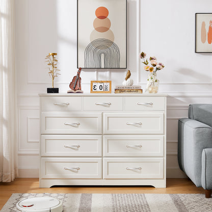 Bedroom dresser, 9 drawer long dresser with antique handles, wood chest of drawers for kids room, living room, entry and hallway, White, 47.56''W x 15.75''D x 34.45''H.