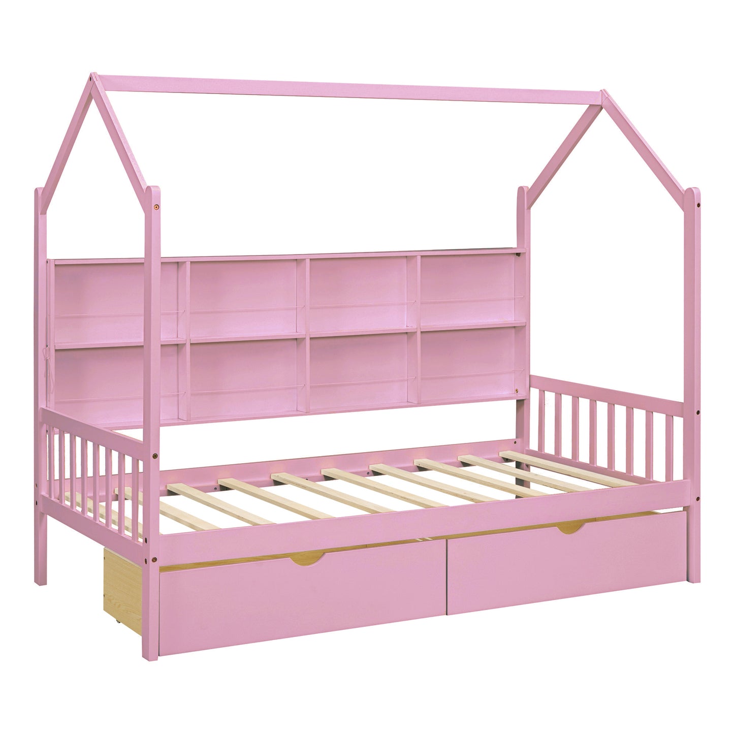 Wooden Twin Size House Bed with 2 Drawers,Kids Bed with Storage Shelf, Pink