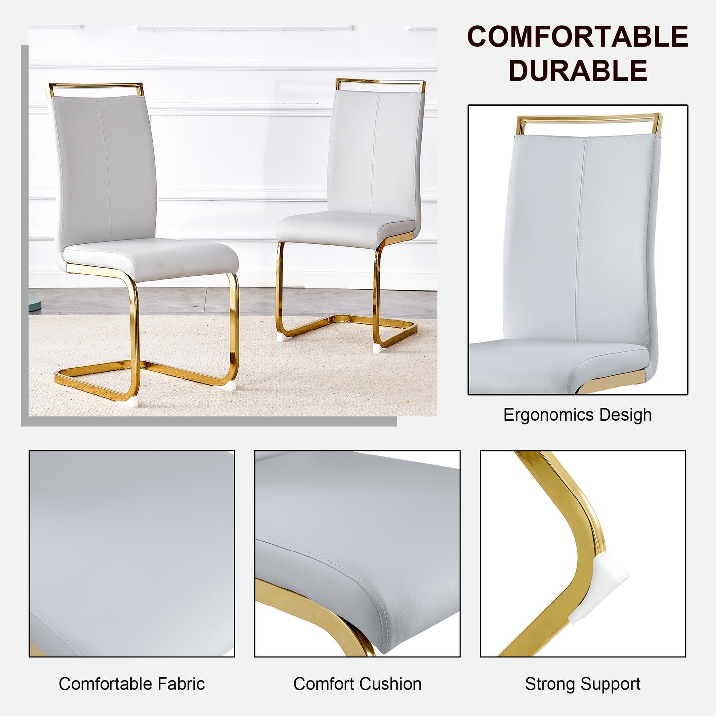 Table and chair set.Subtle Luxury Clear Tempered Glass Dining Set - 71"x35.4" with 6 Light Gray PU Chairs.C-tube Gold Metal Chair Legs.Bring a comfortable home experience to the kitchen, bedroom.