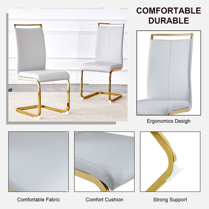 Table and chair set.Subtle Luxury Clear Tempered Glass Dining Set - 71"x35.4" with 6 Light Gray PU Chairs.C-tube Gold Metal Chair Legs.Bring a comfortable home experience to the kitchen, bedroom.