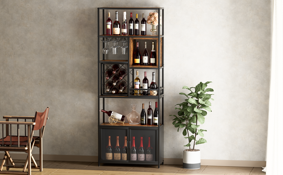 82.7" Industrial Tall Black Bar Wine Rack Cabinet with Glass Holder Wood Home Bar Cabinet