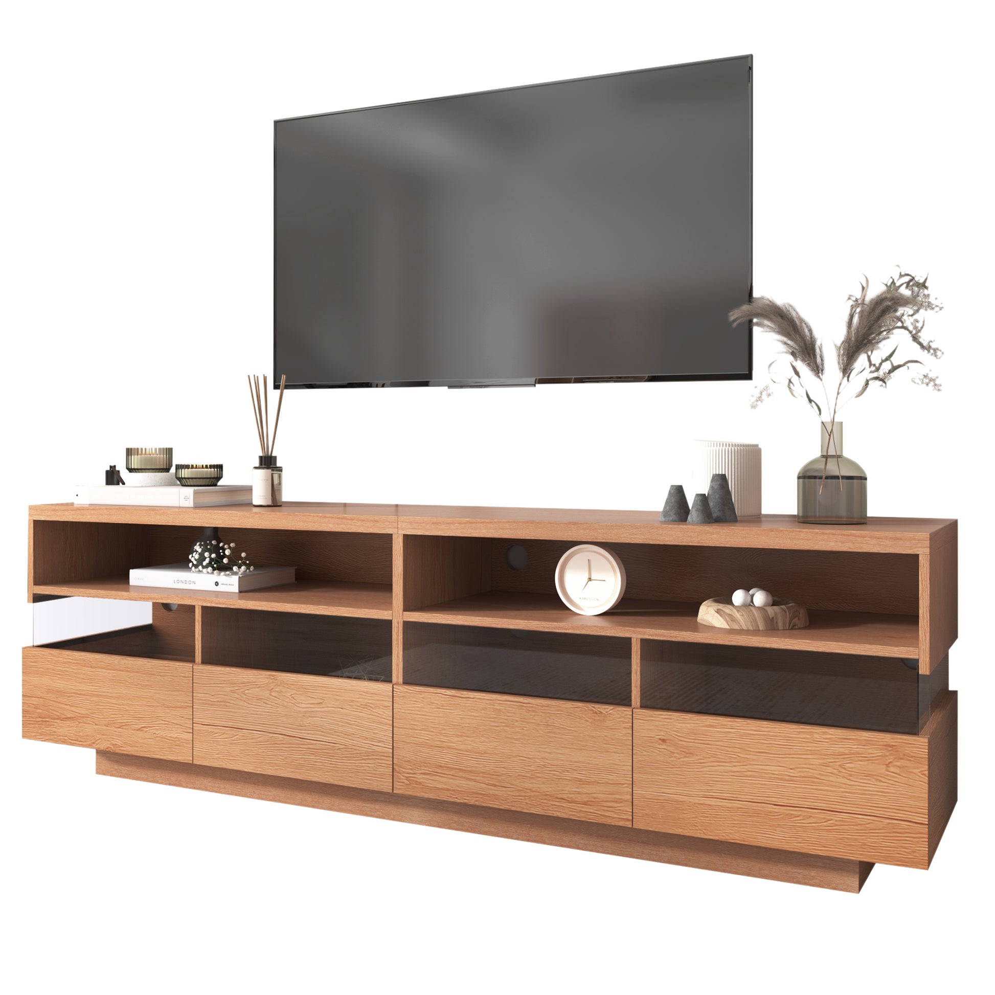 Modern TV with 4 Drawers& 2 open Cabinets, Media Console Table for TVs up to 75'', Entertainment Center with Acrylic transparent Storage Space for Living Room, Bedroom, Home Theatre