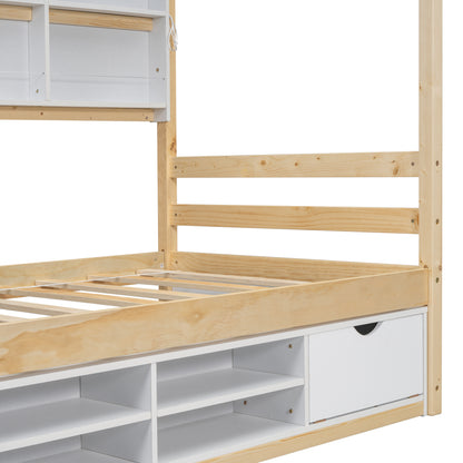 Twin House Bed with Roof Frame, Bedside-shelves, Under Bed Storage Unit,Natural