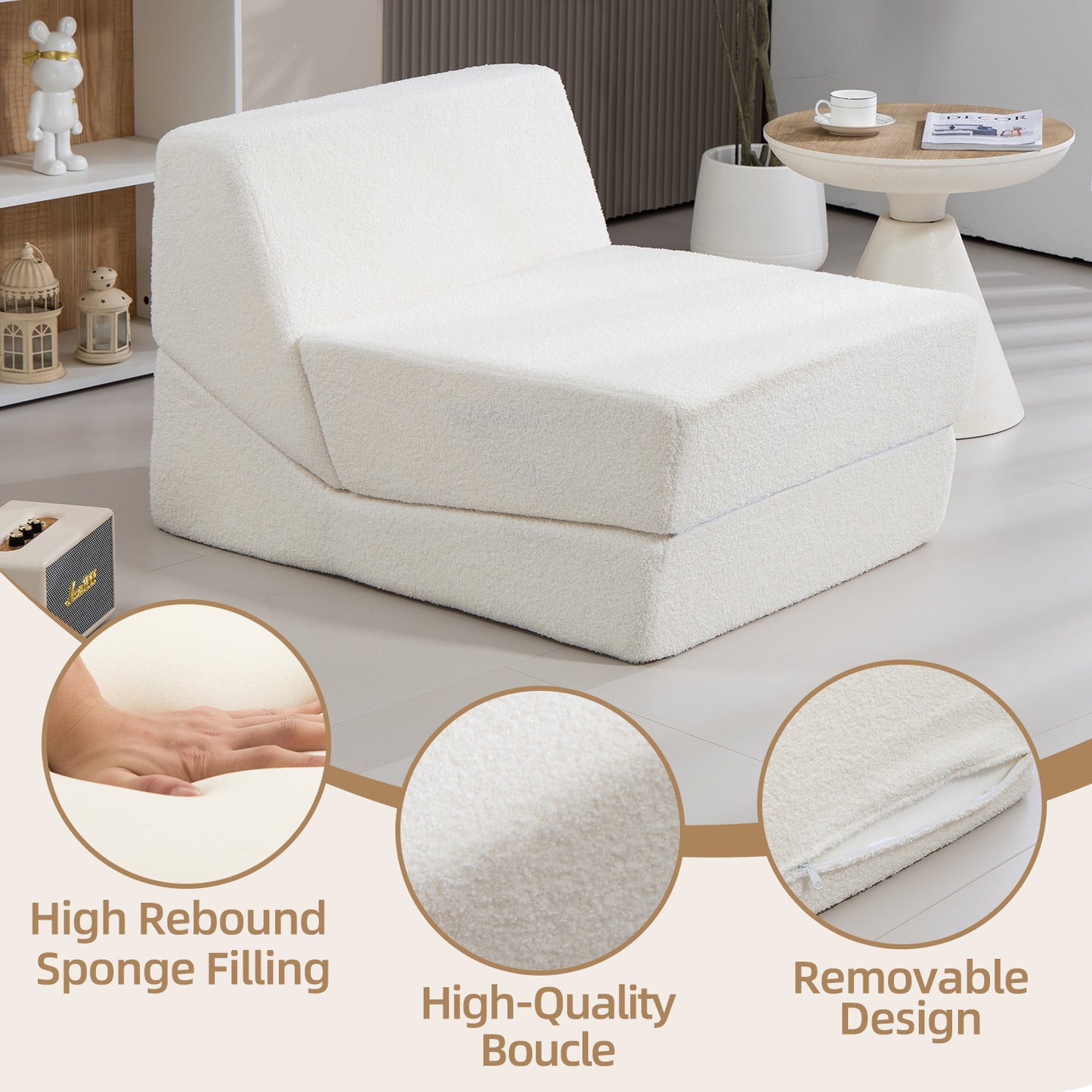 Folding Sofa Bed Couch Unfold for comfortable nap Modular Play Couch for Living Room The office Room  Playroom White color