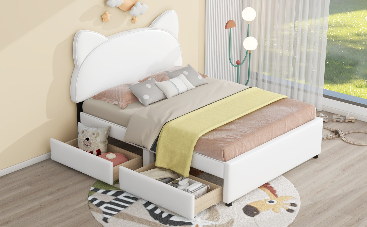 Full Size Upholstered Platform Bed with Cartoon Ears Shaped Headboard and 2 Drawers, White