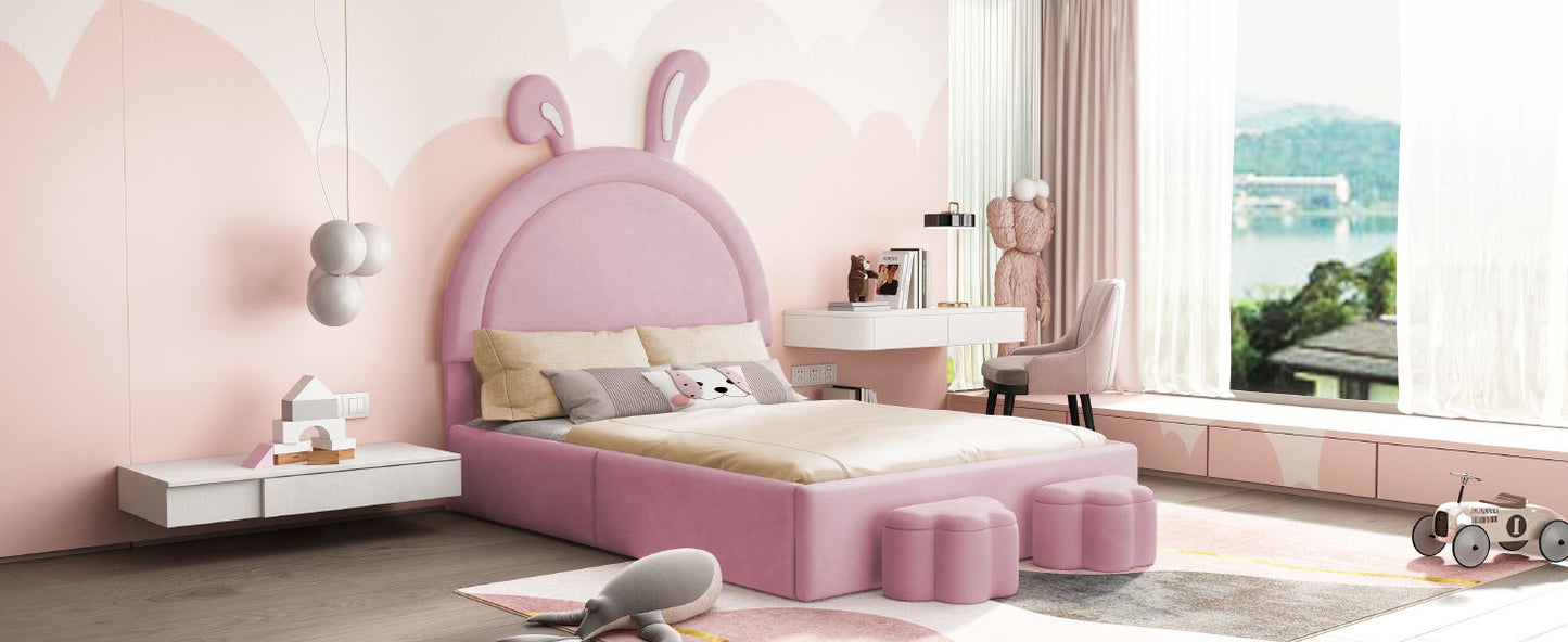 Full size Upholstered Rabbit-Shape Bed with 2 Storage Stools, Velvet Platform Bed with Cartoon Ears Shaped Headboard, Pink