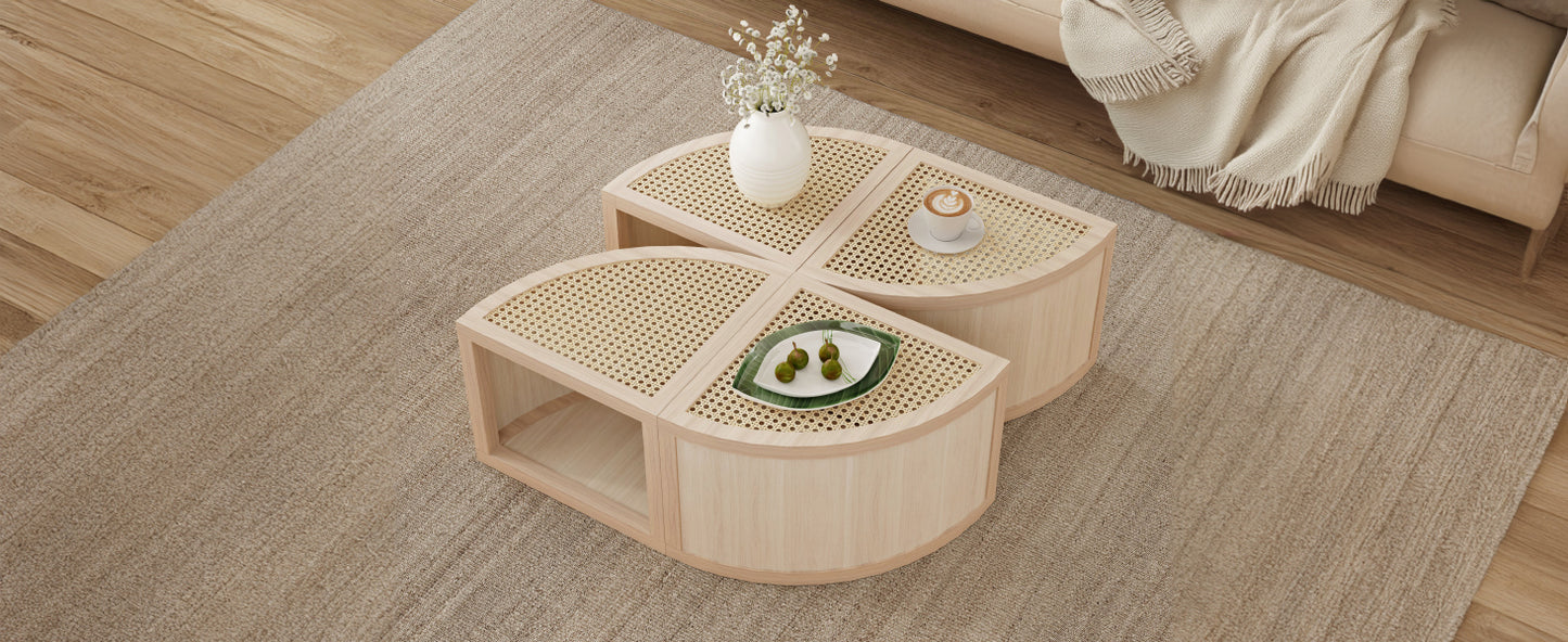 Round to Square Block Modular Coffee Table Light Natural Rattan with Storage 4 Piece