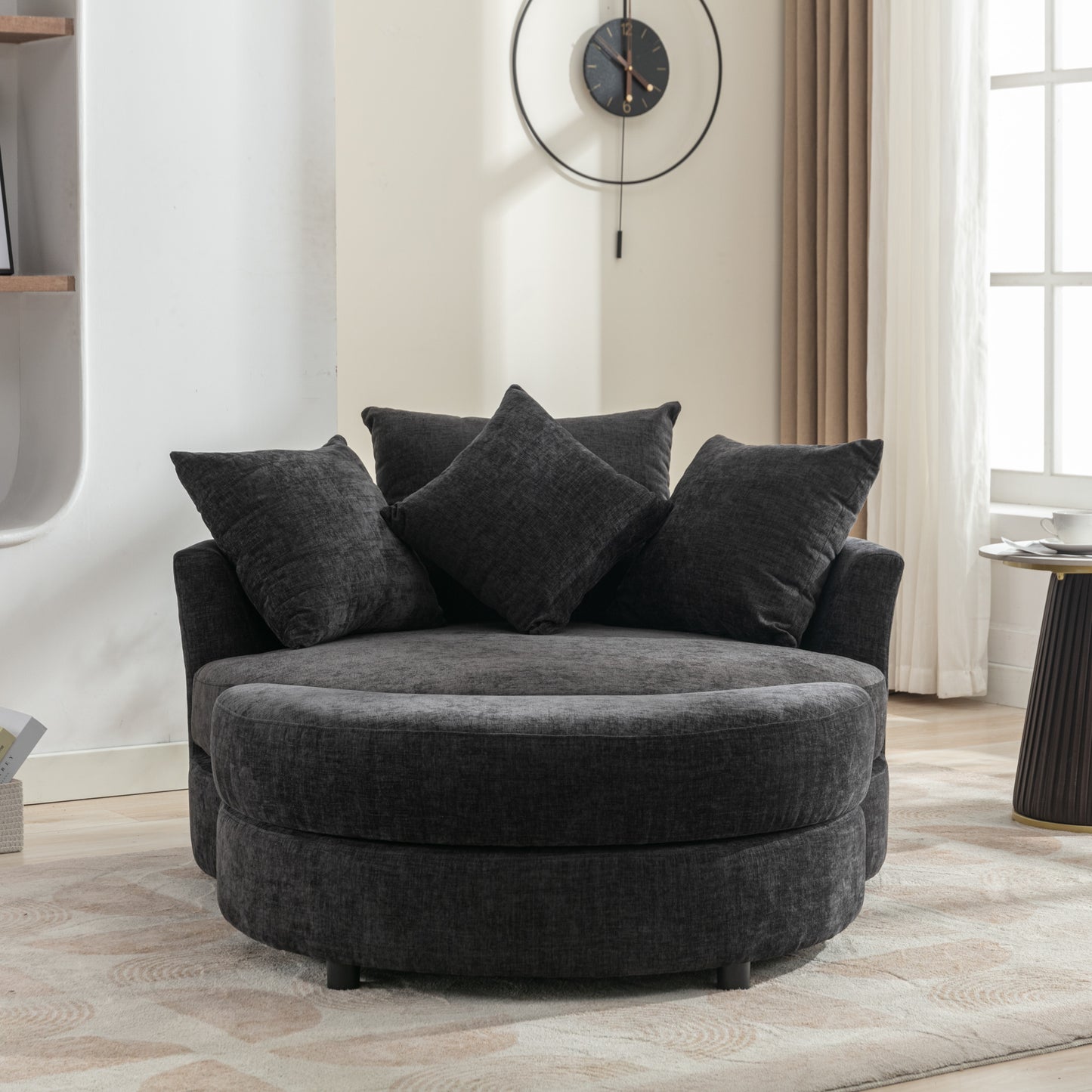 Orisfur. 360° Swivel Accent Barrel Chair with Storage Ottoman & 4 Pillows, Modern Chenille Leisure Chair Round Accent for Living Room, Gray